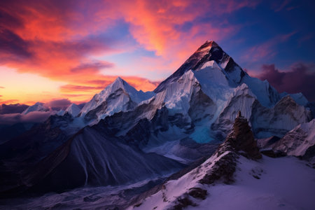 Majestic Snow Covered Mountain Beneath Vivid Sky, Twilight sky over Mount Everest, Nuptse, Lhotse, and Makalu in the Nepal Himalaya, AI Generatedの素材