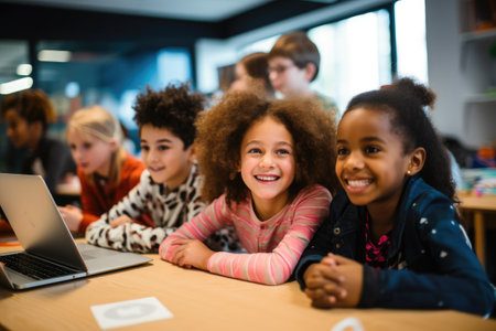 Portrait of smiling african american schoolchildren using laptop in classroom, Enthusiastic kids of different nationality working on technology project at school, AI Generatedの素材