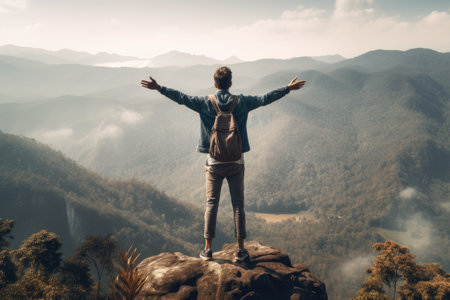 Man Standing on Mountain Summit, Arms Wide Open, Celebrating Victory and Freedom, Male tourist standing on top of a mountain and enjoying the nature view, full body, AI Generatedの素材