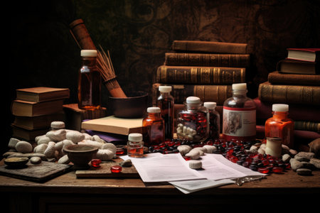 Still life with old books, pills and mortar on a wooden table, Doctor prescription medicine and pills, AI Generatedの素材