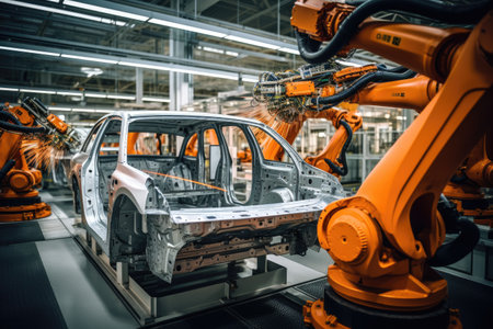 An assembly line where robots diligently work together to build a car, Robotic assembly line in an automotive factory, AI Generatedの素材
