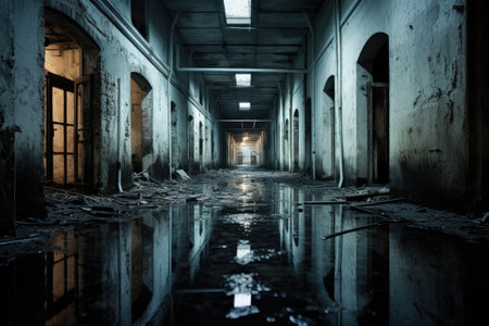 A dark passageway illuminated by subtle light where a small pool of water accumulates on the ground, A haunting image of an abandoned asylum, AI Generatedの素材