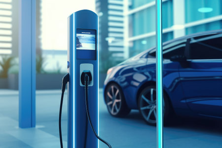 A blue car is parked in front of a building on a sunny day, High-speed charging station for electric vehicles at home garage with blue energy battery charger, AI Generatedの素材