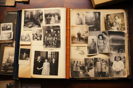 This image depicts an open book filled with pictures of people, offering a visual representation, A memory album filled with pictures of mom and the family, AI Generatedの素材
