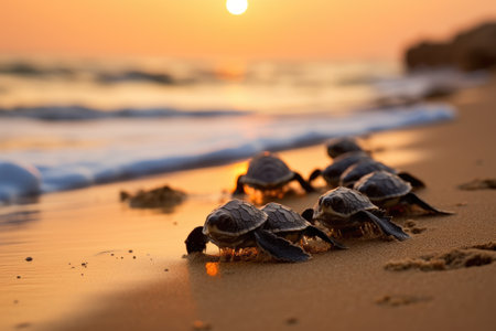 A group of tiny turtles making their way across the sandy beach towards the ocean, A group of sea turtles hatchlings making their way to the sea for the first time, AI Generatedの素材