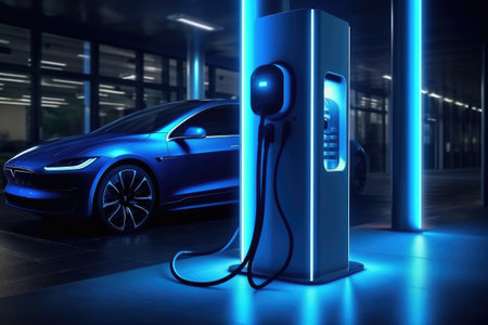 Electric Car Plugged Into Charging Station, Green Transportation for Sustainable Future, High-speed charging station for electric vehicles at home garage with blue energy battery charger, AI Generatedの素材