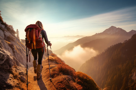 A person with a backpack hiking up a mountain in a breathtaking natural landscape, Hiker woman with trekking sticks climbs steep on mountain trail, AI Generatedの素材