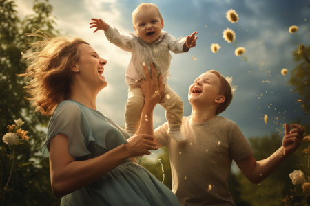 A heartwarming image of a woman cherishing a moment with her baby, holding them up to her face, happy harmonious family outdoors, mother throws baby up, AI Generatedの素材