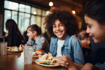 A diverse group of individuals sitting at a table, enjoying a meal together, Happy students eating food during lunch time in school cafe, AI Generatedの素材
