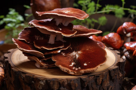 A picturesque scene featuring a cluster of mushrooms resting on top of a tree stump amidst a natural environment, Lingzhi mushroom, specifically Ganoderma lucidum Lingzhi mushroom, AI Generatedの素材