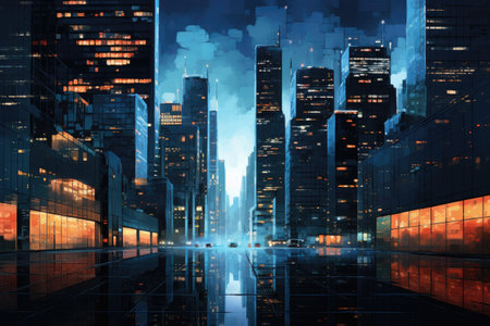 Night Cityscape Painting - Skyscrapers Reflecting in Water, Nighttime cityscape with the lights of office buildings, AI Generatedの素材
