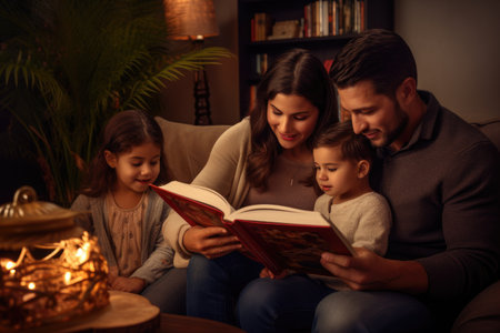 A family sitting on a couch, enjoying quality time together by reading a book, Hispanic couple sitting on the sofa reading a book at home with their baby son and young daughter, AI Generatedの素材