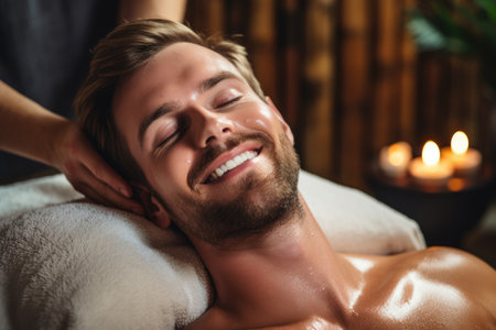 A man finds deep relaxation as he receives a professional back massage in a tranquil spa setting, men enjoying relaxing spa massage, AI Generatedの素材