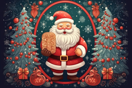 Santa Claus with a bag of gifts in the winter forest. Vector illustration, Merry Christmas and Happy Holidays greeting card, frame, banner, AI Generatedの素材