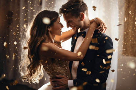 A man and a woman in elegant attire stand amidst a shower of colorful confetti, Gorgeous bride and stylish groom dancing under golden confetti at wedding reception, AI Generatedの素材