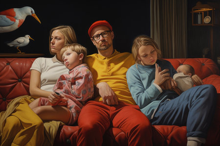 A heartwarming painting depicting a family enjoying a moment of togetherness as they sit comfortably on a couch, happy family mother father and kids at home on couch, AI Generatedの素材