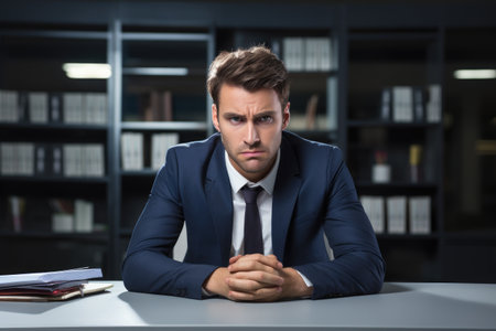 A professional businessman dressed in a suit is seen sitting at a table, Frustrated businessman sitting at desk in office, AI Generatedの素材