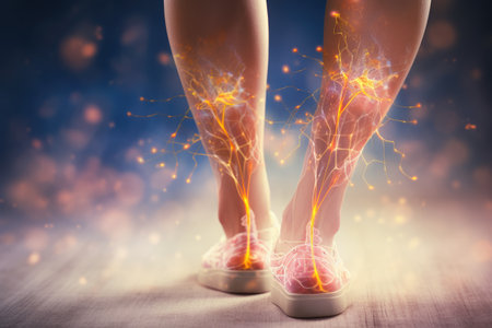 A pair of feet with a sudden burst of light shining upon them, Legs with visualization of nerve endings, Joint problems concept, AI Generatedの素材