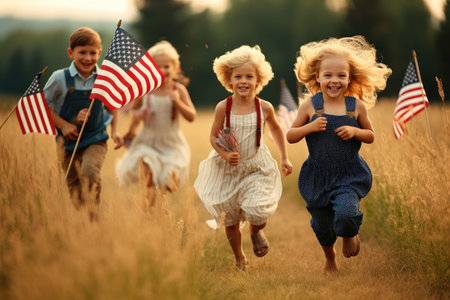 A joyful group of children sprinting through a spacious field, each proudly waving an American flag, Children running on a lawn, waving flags on Independence Day, AI Generatedの素材