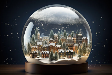 Snow globe with christmas town on dark background. Christmas concept, AI Generatedの素材
