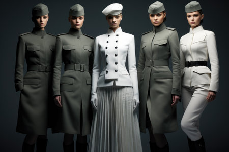 A diverse group of women wearing uniforms, standing next to each other, posing for a team photo, High fashion interpretation of military uniforms, AI Generatedの素材