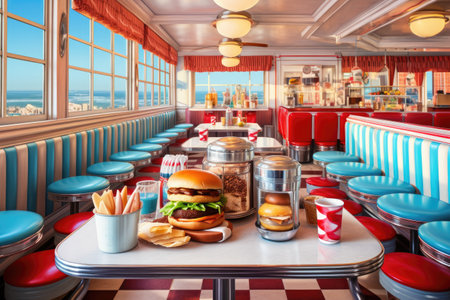 An image of a restaurant table featuring a delicious hamburger and a generous serving of french fries, An old-fashioned diner serving burgers and milkshakes, AI Generatedの素材