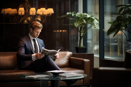 A man is depicted sitting on a couch while engrossed in reading a newspaper, Businessman reading a newspaper in an elegant lounge, AI Generatedの素材