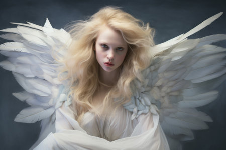 The image captures a woman with long blonde hair and beautiful white wings as she soars through the air, White angel with wings, AI Generatedの素材