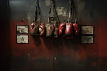 A variety of boxing gloves, in different colors and sizes, hang neatly on a wall, forming a striking display of sports equipment, Boxing gloves hanging on the wall of a gym, AI Generatedの素材
