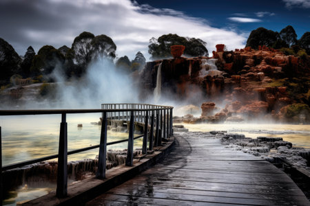 A boardwalk stretches towards a geyser pool, where steam billows from the water, creating a mesmerizing sight, Te Puia thermal park, Rotorua town, New Zealand, AI Generatedの素材