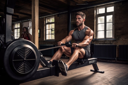 A man sitting on a bench in a park while using a machine, Gym Member Using The Rowing Machine, AI Generatedの素材