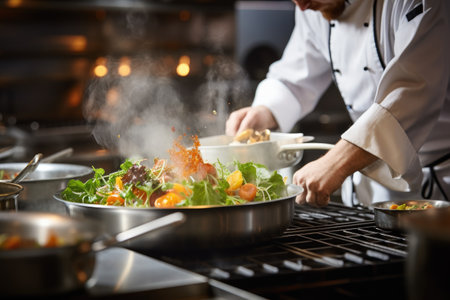 A skilled chef prepares a variety of delicious dishes on a stove, using expert techniques and careful attention to detail, gourmet dish being prepared in a high-end restaurant kitchen, AI Generatedの素材