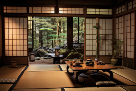 This room features a table and chairs, creating a functional and spacious interior design, A traditional Japanese home with tatami mats and a tea ceremony setup, AI Generatedの素材