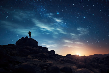 Man standing on top of a mountain and looking at the starry sky, Silhouette of a person on rocks looking at the night sky with the Milky Way and moon in the background, AI Generatedの素材