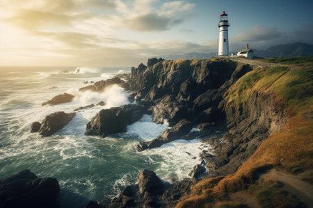 A stunning image of a lighthouse perched on a cliff, with the vast ocean stretching out beyond., A rugged coastline with lighthouse perched at the edge of a cliff, AI Generatedの素材