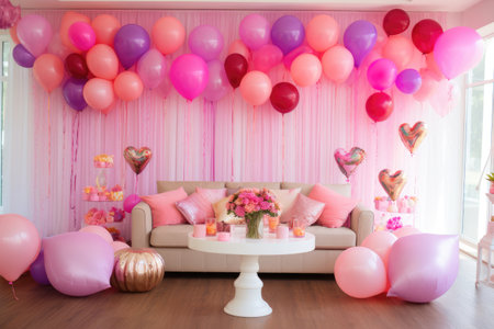 A living room filled with lots of vibrant and colorful balloons creates a festive and cheerful environment, Colorful balloons and banners for a Mother's Day party, AI Generatedの素材