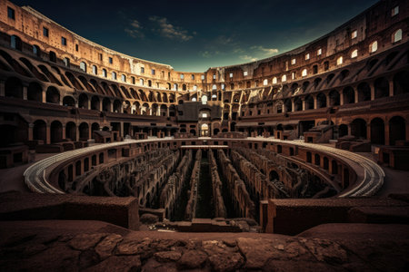 A photograph capturing the expansive interior of a large building with a circular floor, The Colosseum or Flavian Amphitheatre, AI Generatedの素材