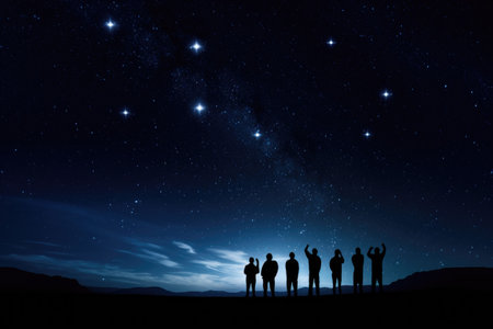 Silhouette of a group of people looking at the starry sky, Silhouettes of people observing stars in the night sky, Astronomy concept, AI Generatedの素材