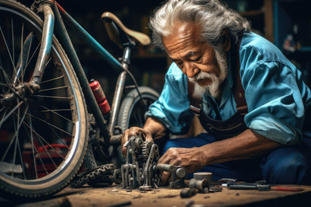 Old man repairing a bicycle in his workshop. Selective focus, Expert man working repairing and maintenance a bike, AI Generatedの素材
