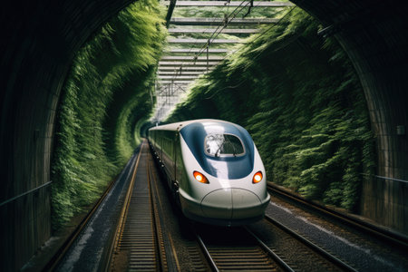 A train gracefully moves through a vibrant green tunnel, surrounded by lush plants, creating a serene and picturesque experience, Bullet train passing through a tunnel in Japan, AI Generatedの素材