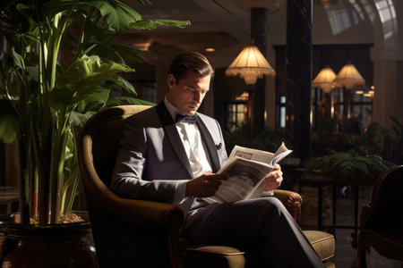 A man sitting comfortably in a chair, engrossed in a book he is reading, Businessman reading a newspaper in an elegant lounge, AI Generatedの素材
