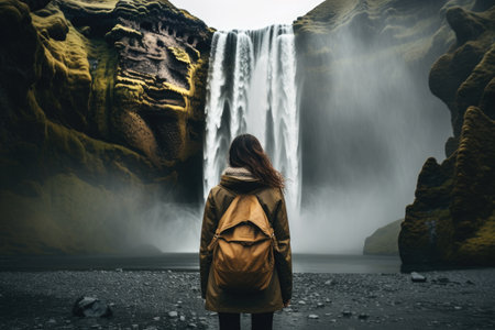 A person standing in awe in front of a breathtakingly beautiful waterfall, Hiker at the summit of a mountain overlooking a stunning view, AI Generatedの素材