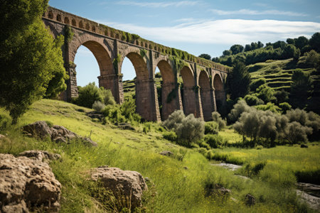 This stunning image captures the beauty of a large stone bridge stretching over a lush green field, An ancient aqueduct in a lush landscape, AI Generatedの素材