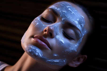 Portrait of a beautiful young woman with face mask. Beauty treatment, Spa woman, Brunette getting a salt scrub beauty treatment in a salon, no face, AI Generatedの素材