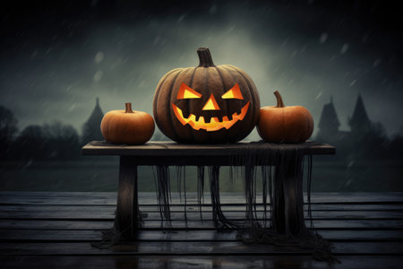 Halloween pumpkins on a wooden bench with sea and sky background, One spooky Halloween pumpkin, Jack O Lantern, with an evil face and eyes on a wooden bench, table with, AI Generatedの素材