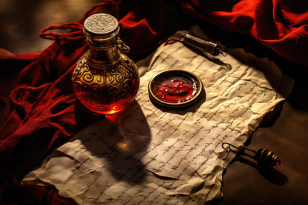 A table displaying a bottle of liquid alongside a paper, An ancient handwritten letter with a red wax seal, AI Generatedの素材
