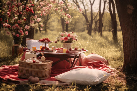 A serene picnic set amidst a picturesque woodland, adorned with vibrant flowers and flickering candles, A Valentine's Day picnic in a blooming spring meadow, AI Generatedの素材