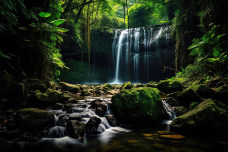 Beautiful waterfall in the deep forest of tropical rainforest, Thailand, Long exposure of a waterfall in the jungle, Khao Yai National Park, Thailand, AI Generatedの素材