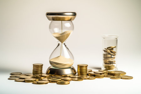 Hourglass With Gold Coins and Glass of Water, Symbol of Time and Wealth, Time is money concept with an hourglass and gold coins on a white background, AI Generatedの素材