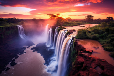 A breathtaking view of a large waterfall surrounded by the vibrant colors of a sunset, The Iguazu Waterfalls in Brazil, AI Generatedの素材